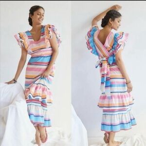 Anthropologie Plenty by Tracy Reese Ruffled Cotton Rainbow Stripe Maxi Dress - M